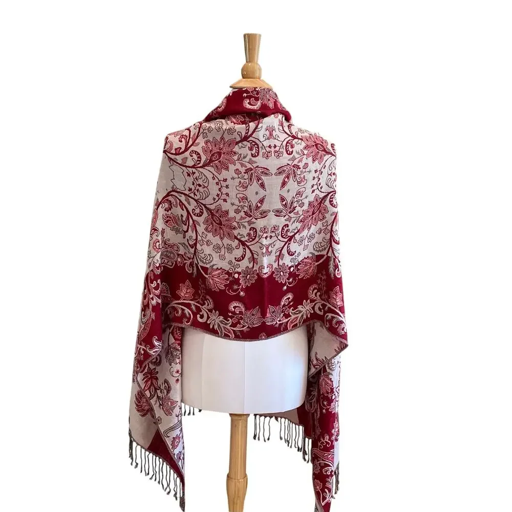 Large Burgundy, Tan Floral Wrap / Shawl / Scarf Fringe, Boho, 26 by 73